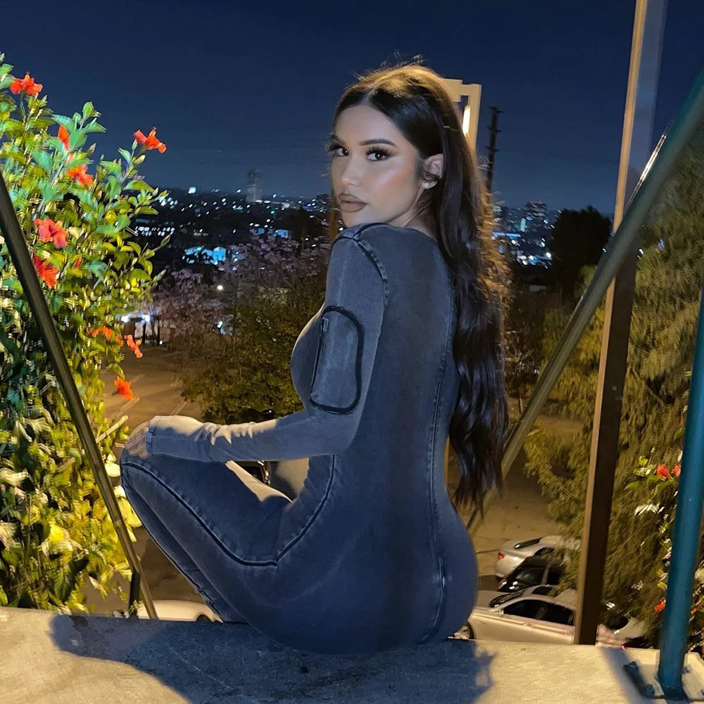 Spring 2023 sexy hollow zipper long single sleeve elastic fashion denim jumpsuit