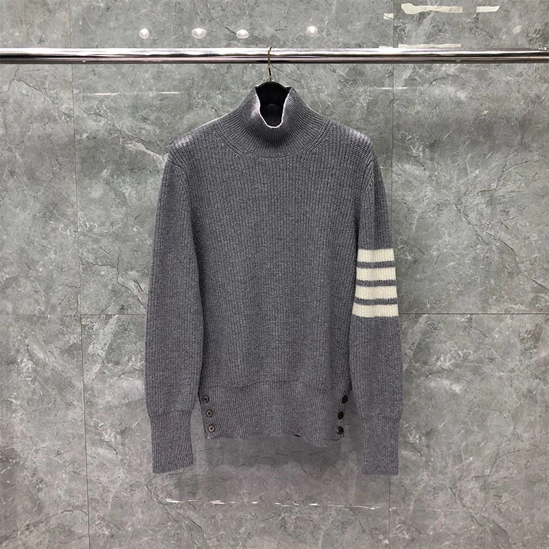 

THOM Sweater Autunm Winter Male Fashion Brand Men's Clothing Wool 4-Bar Stripe Turtleneck Knit Gray TB Sweaters
