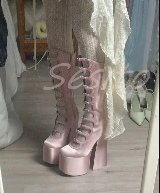 Высокие сапоги до колена на платформе с ремешками и застежкой-молнией