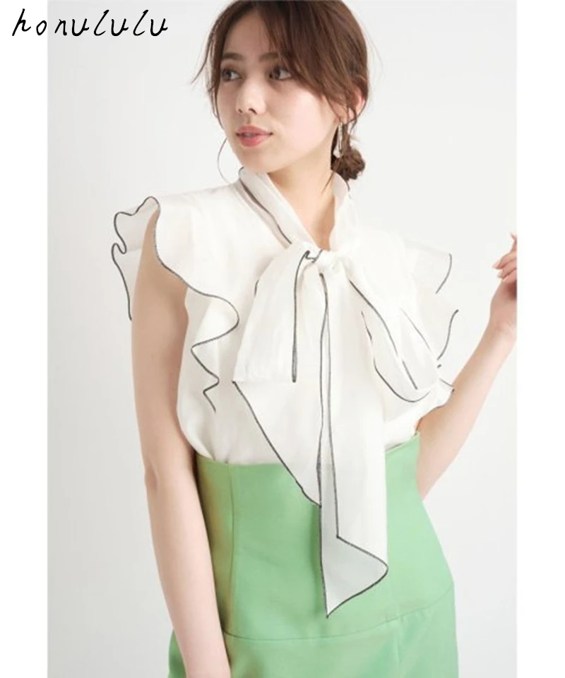 

2022 summer new Japanese sweet chiffon flying sleeve bow tie shirt women