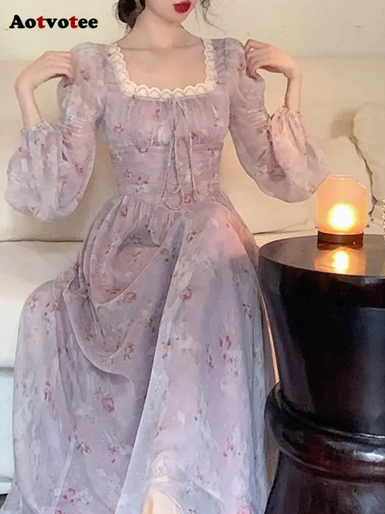 

Элегантное весеннее женское платье миди с квадратным вырезом, платье из сказочного материала, новинка 2023 года, модное платье с рукавами для Y2k, воротником на шнуровке, цветочным принтом и буффами