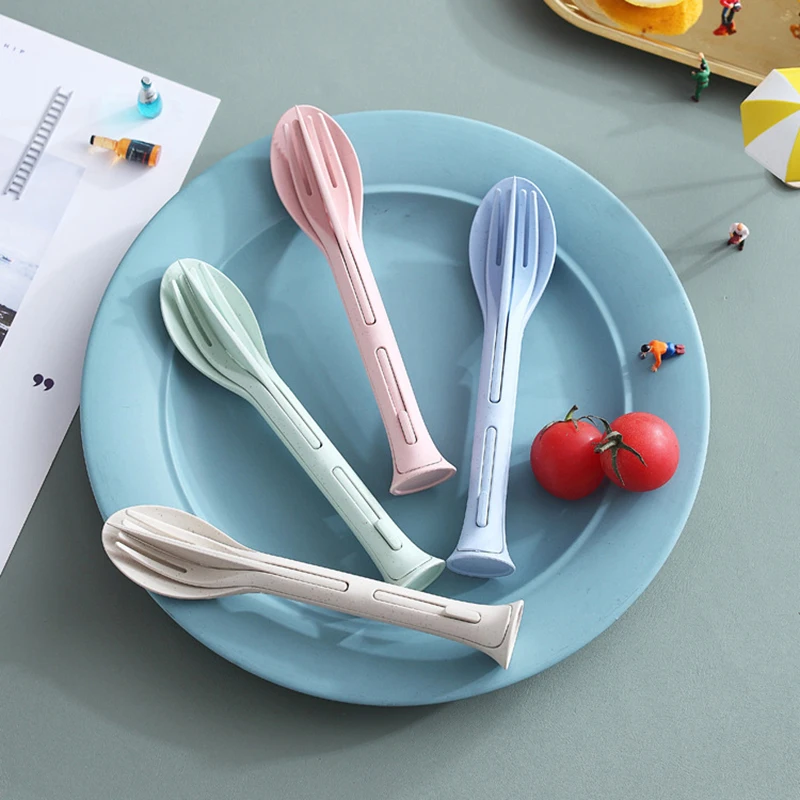 

3 in 1 Travel Portable Cutlery Set Japan Style Wheat Straw Knife Fork Spoon Student Dinnerware Kit Kitchen Tableware