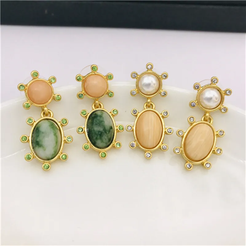 

European and American style gold waterdrop flower contracted pearl colorful gems stone stud earrings