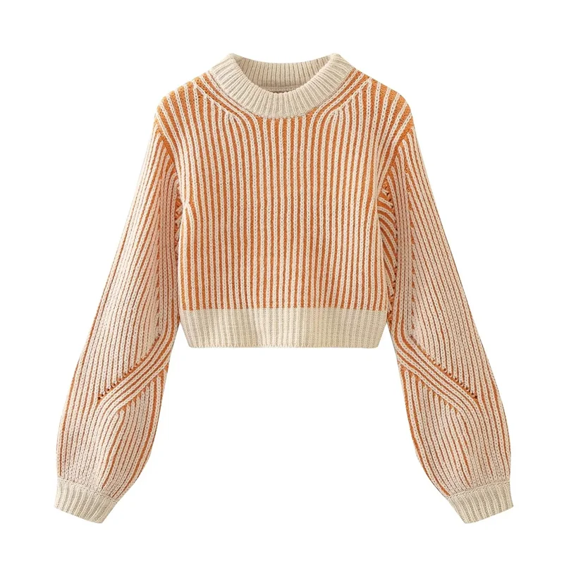 

TRAF Autumn Long Puff Sleeves Knit Tops For Woman Casual Round Neck Striped Cropped Sweater Female Rib Trim Short Pullovers 2023