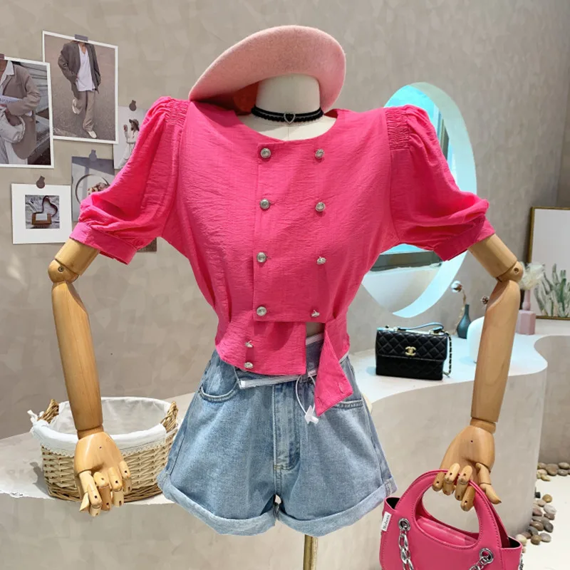 

New Women's Clothing 2022 Summer Vintage bubble short sleeve double breasted shirt design short top blusas