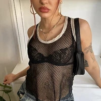 y2k net see through tank tops patched holes sleeveless o neck mini vest women retro sexy streetwear cropped sweat club