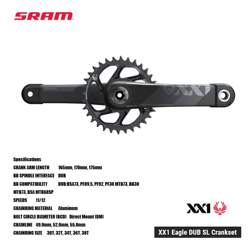 SRAM XX1 Eagle DUB SL AXS  Crankset SRAM CARBON TUNED crank technology provides extreme stiffness and light weight