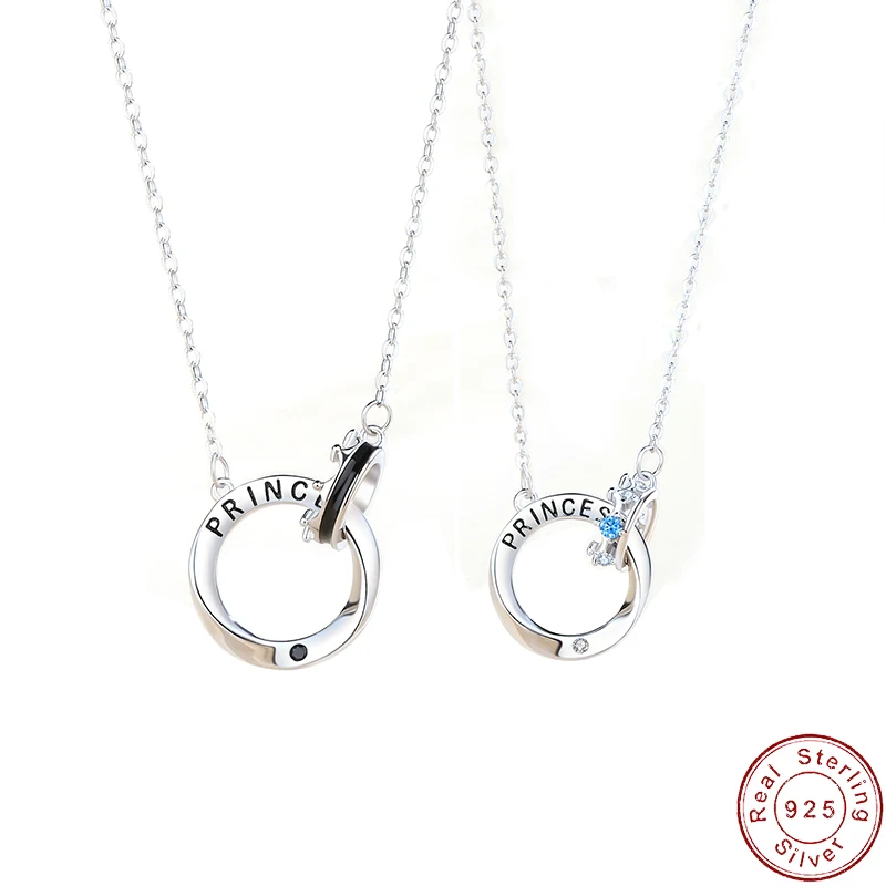 

European AAA CZ Crown Couple 925 Sterling Silver Necklace Double Ring Clavicle Chain For Women Birthday Gift Jewelry+box