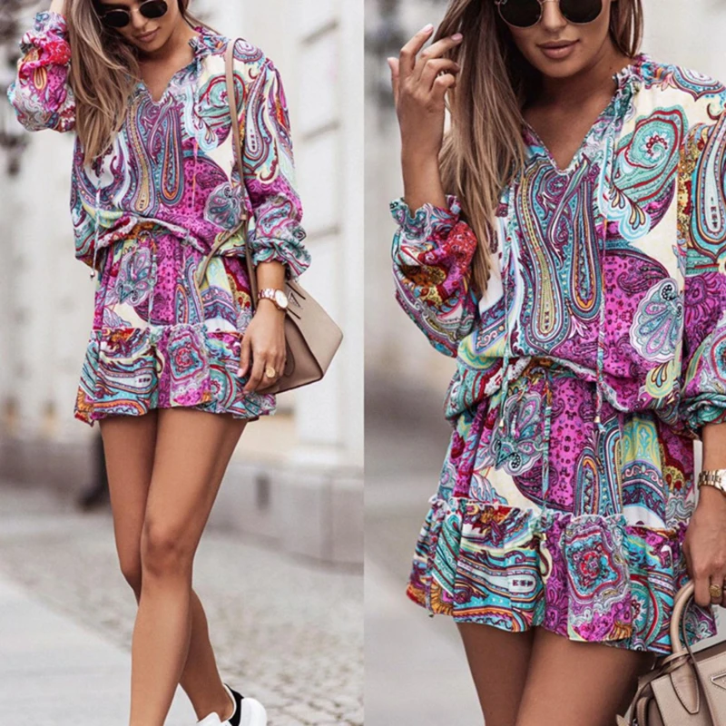 

2023 Fashion Women Vintage Floral Print Chiffon Dress Sexy Semi-Sheer Long Sleeve Layered Ruffle Ladies Short Dress