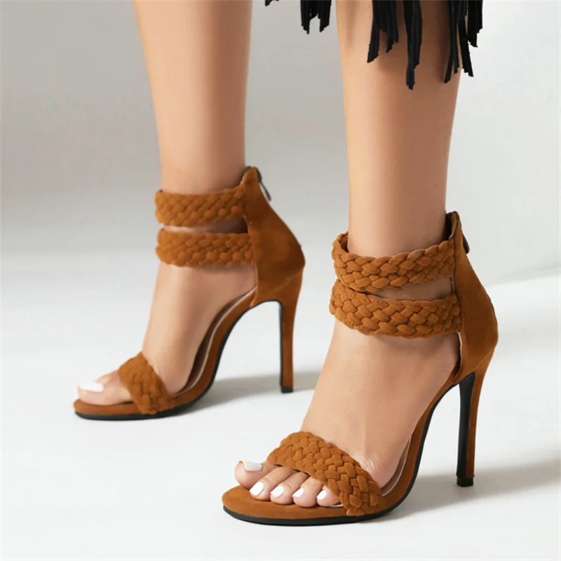 

New Knitted Suede Super High Heel Back Zipper Women's Sandals Sexy Open Toe Stiletto Fashion All-match Shoes Sapato Feminino