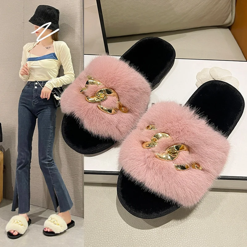 A Word Slippers 2022 New Female Fur Flat Bottom Slippers Hair Open Cotton Slippers Fur Slippers Versatile Slippers Warm Slippers