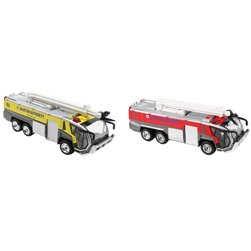 

2 Pcs 1:32 Airport Fire Truck Electric Die-Cast Engineering Vehicles Car Model Toy With Sound Light, Red & Yellow