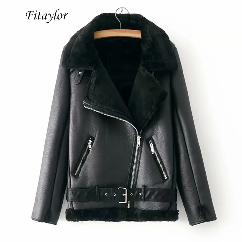 Winter Faux Sheepskin Coat Leather Fluffy Fur Jacket Women Motorcycle Warm Thicken Faux Lamb Leather Jacket Outerwear