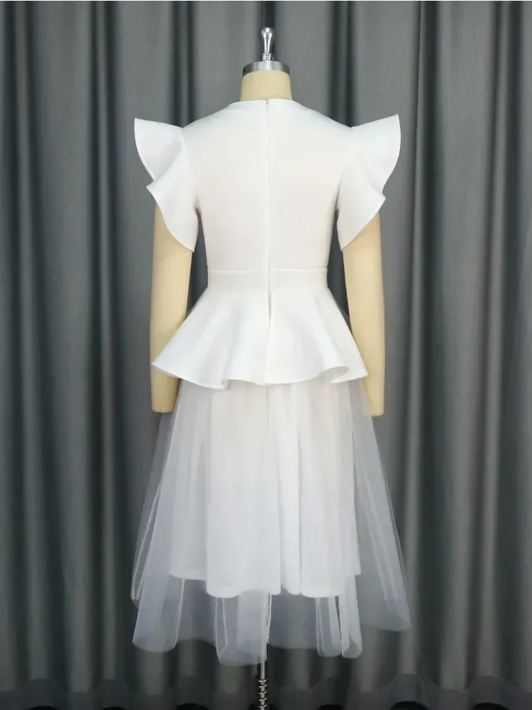 Женская мода с круглым вырезом белые сетчатые платья трапециевидной формы