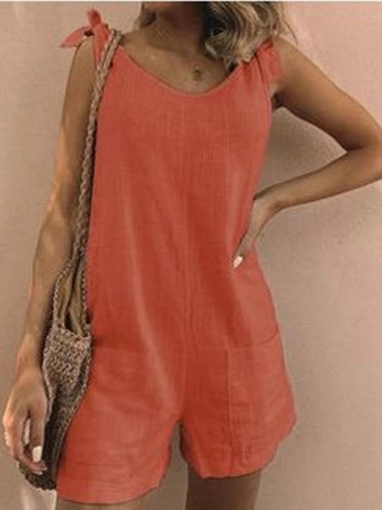 Summer Loose Casual Simple Jumpsuit Women Solid Color Shoulder Strap Lace-up O-neck Pockets Vacation Wide Leg Playsuit 2023 New