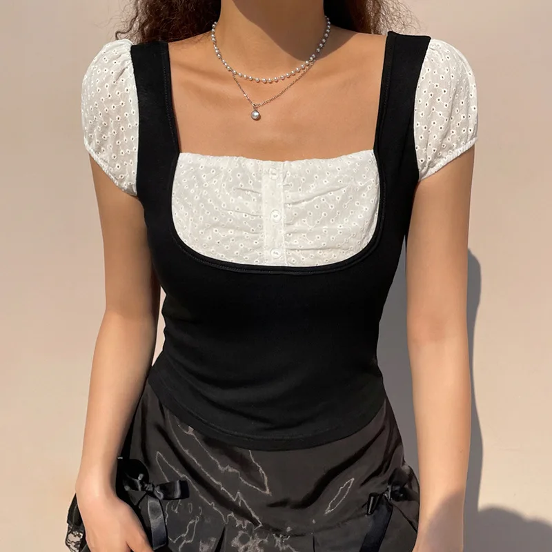 

TFETTERS Stitching Fake Two Short Sleeve T Shirts Women Slim Contrast Color Square Collar Shirt Summer Women Fashion Clothing