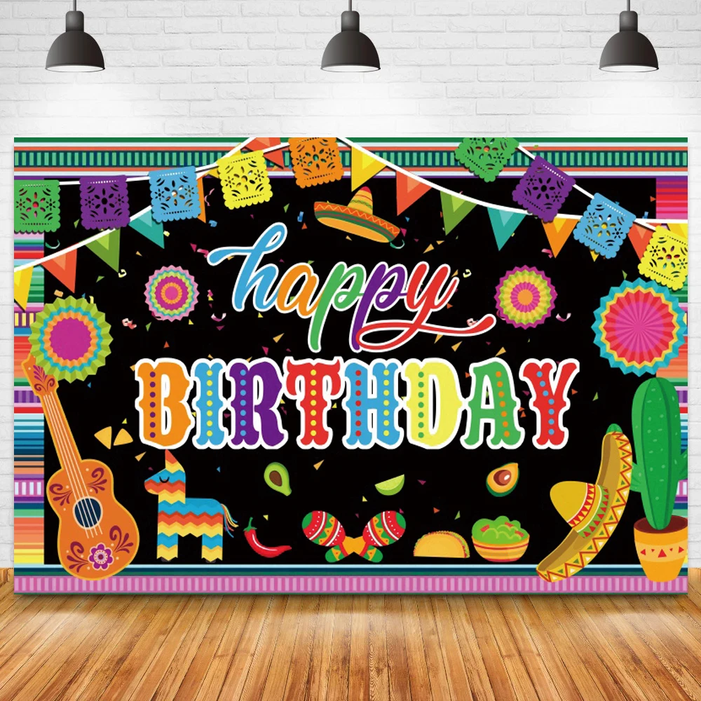 

Colorful Mexican Happy Birthday Photographic Background Let's Fiesta Theme Party Backdrop Cake Table Banner Decor Wall Poster
