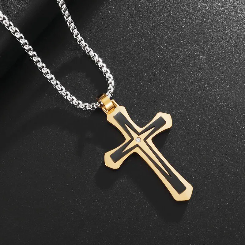 

Stainless Steel Two-Color Cross Inlaid Zircon Pendant Necklace Men and Women Religious Christian Trend Amulet Jewelry Gift