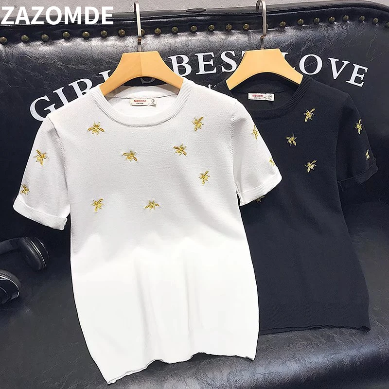 

High Quality honeybee Knitted T-shirt 2022 Summer Short Sleeve Casual T-Shirt Business Social O-neck Tops Tees Streetwear