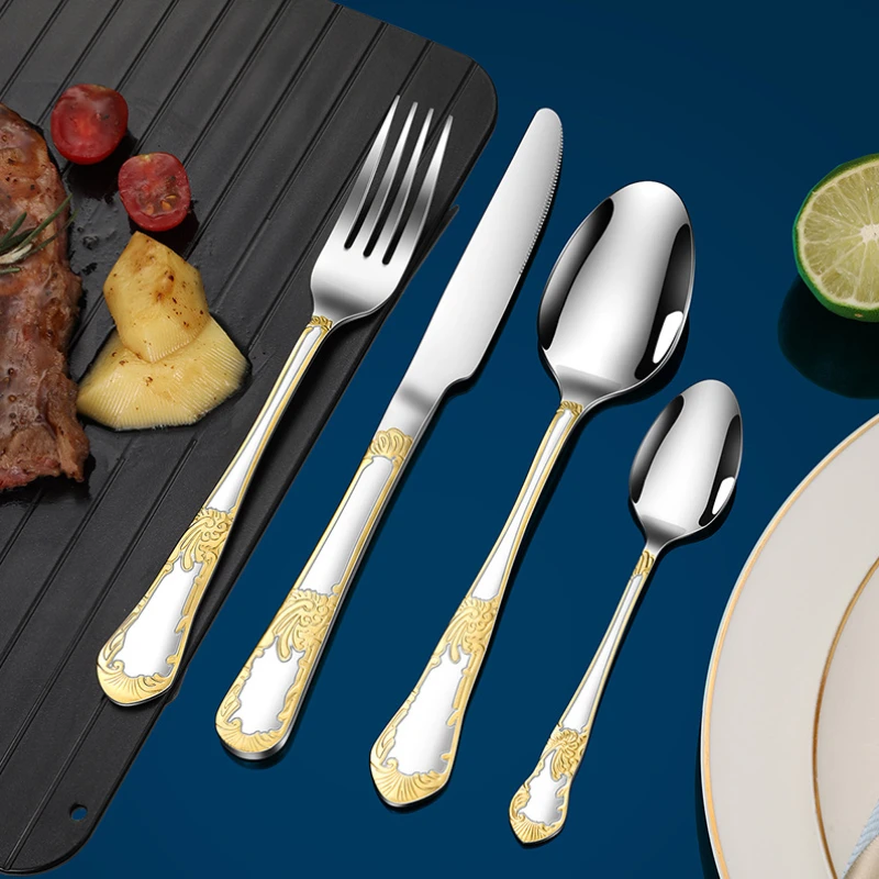 4Pcs Gold Embossed Knife Fork Spoon Retro Western Cutlery 41