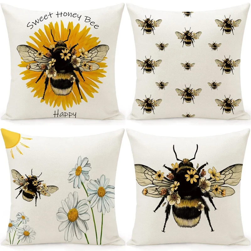 

Bee Pillow Covers 18X18 Set Of 4 Cushion Covers Farmhouse Throw Pillows Case Spring Home Decorations For Couch Decor