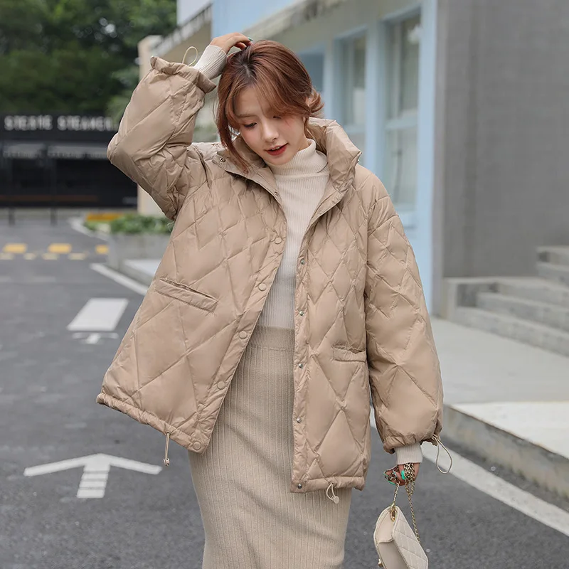 Hairless Collar Down Jacket White Duck Down Filled Long Sleeved Chessboard Composite Fabric Medium Length Puffer Jacket Winter