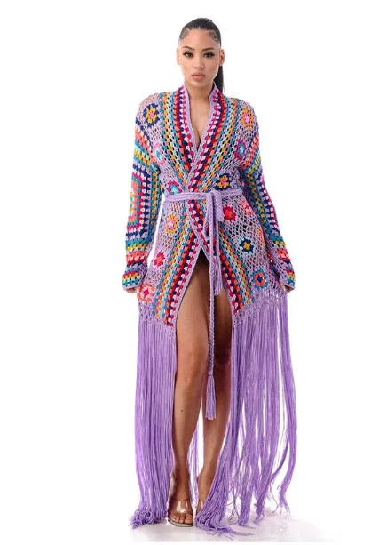 

Boho Women Beachwear Swimsuit Cover Up Handmade Fringed Long Crochet Kimono Sexy Hollow Out Self Belted Bikini Wrap Dress