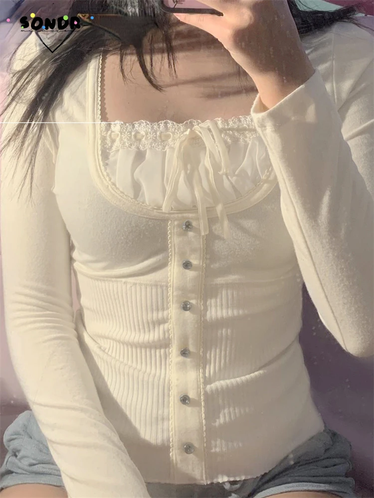 

Y2K Sweet Cute Crop Top Lace Ruffle Bow Pullovers Vintage Square Collar T Shirt Women Skin Button Preppy Korean Tee Y2k Top