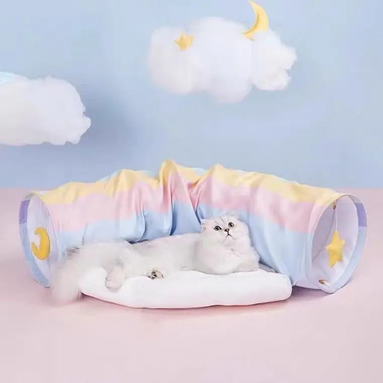 

Rainbow Cat Tunnel Bed Toys For Kitten Hedgehog Interactive Pet 2 Holes Play Channel Tubes Detachable Foldable Kitty Accessories