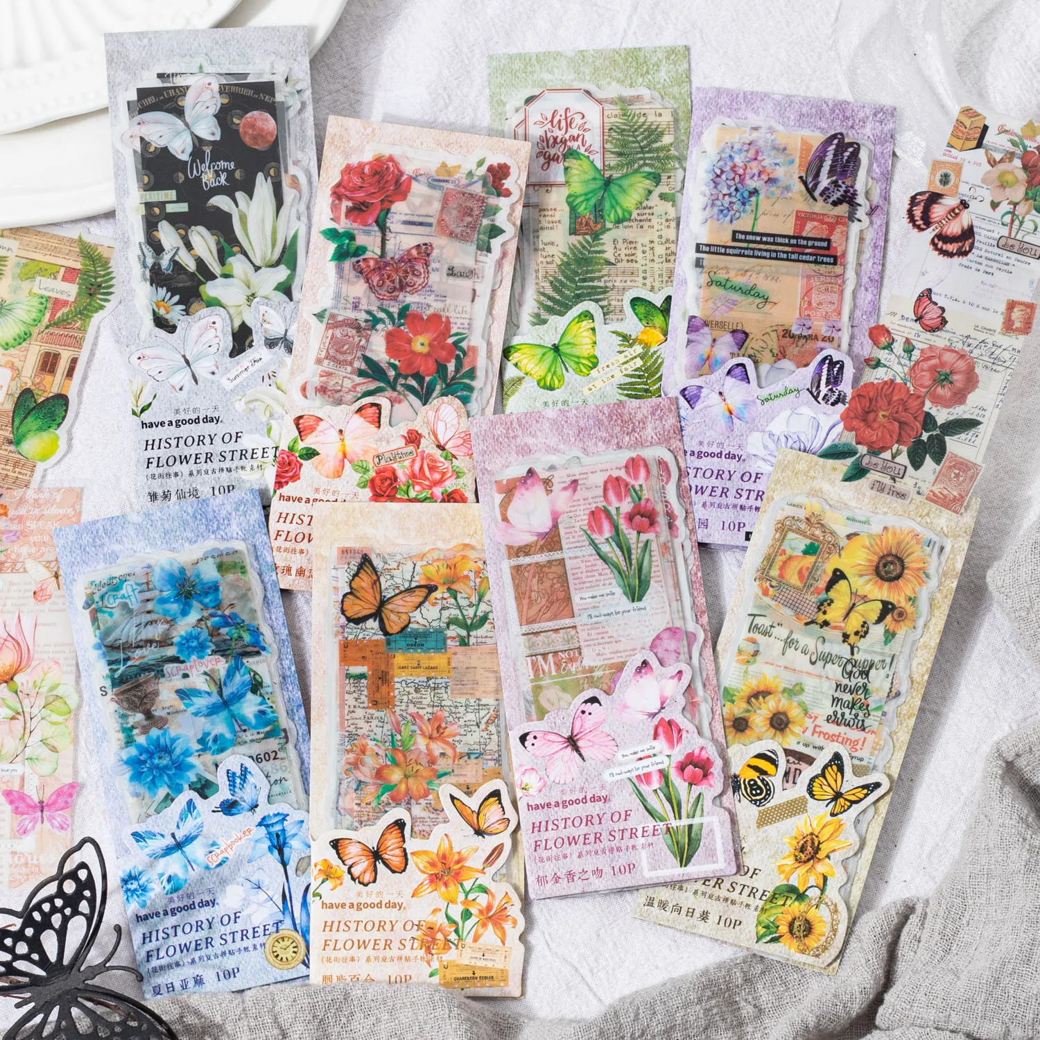 

8 Packs Total 80 Sheets The History Of Flower Street Vintage Floral Paper Stickers 45*110mm DIY Journal Diary Planner Deco Gift