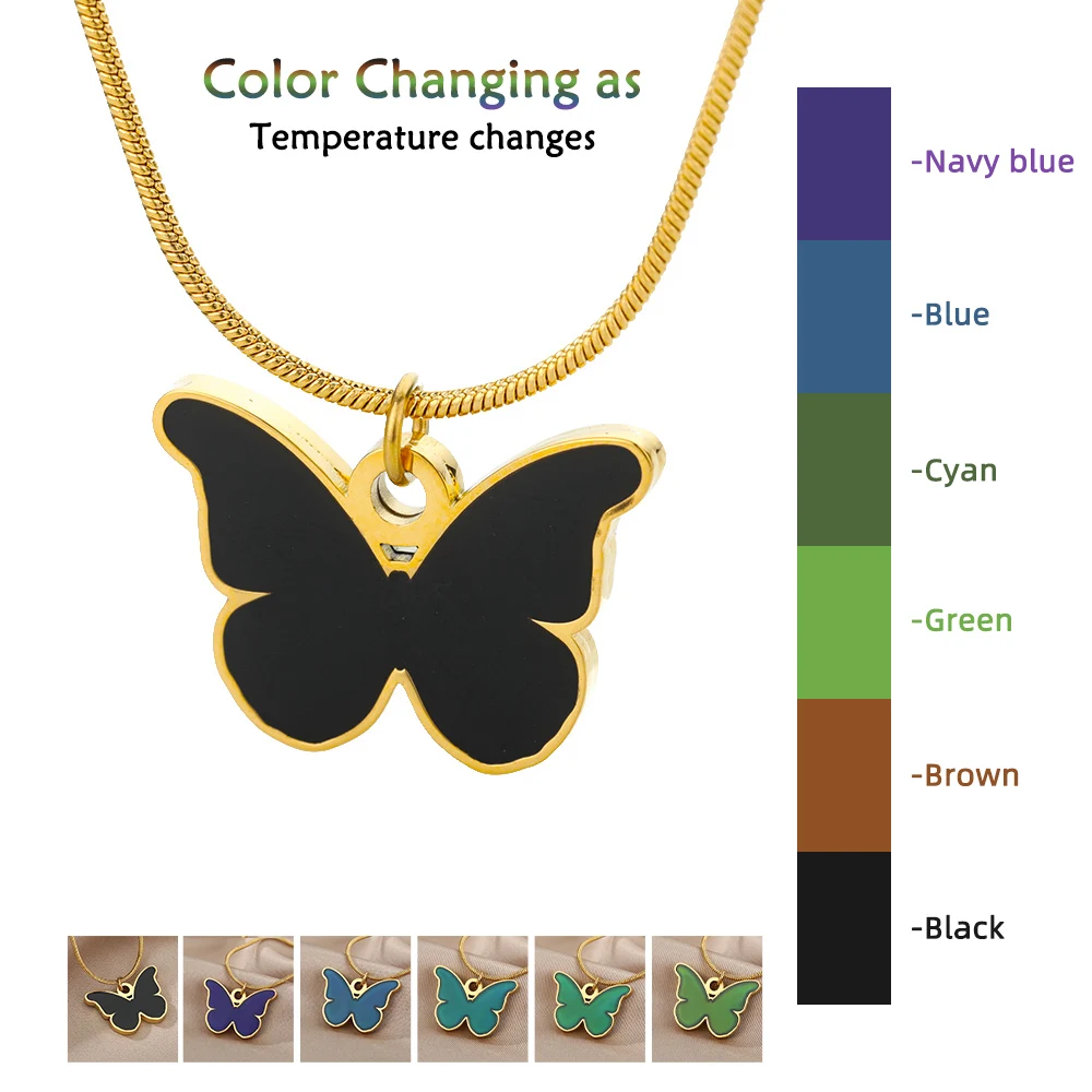 

One Piece Butterfly Pendant Necklace Women Temperature Control Color Change Mood Necklace Stainless Steel Jewelry Collier Femme