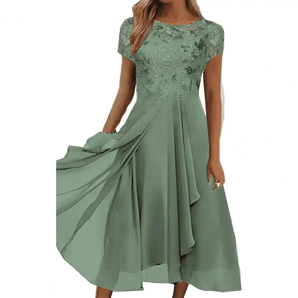 

Женское шифоновое платье миди с коротким рукавом и круглым вырезом