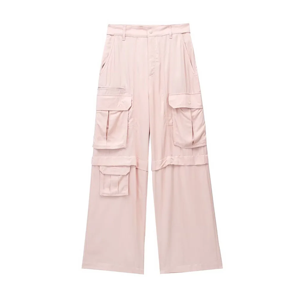 

PB & ZA Women 2023 Summer New Fashion Silk Satin Texted Cow Pants Retro High Waist Zipper Chic Pocket Decorations Loose Casual P