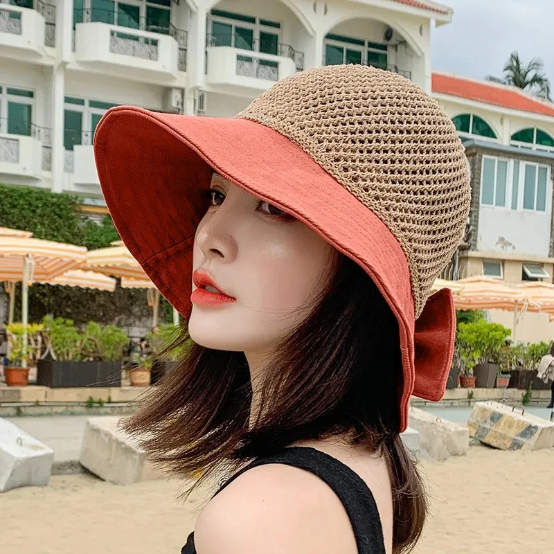 

YUDX Cute Girl Bowknot Summer Hollow Out Sunshade Hats For Women Korean Style Outdoor UV Protection Women's Elastic Straw Caps