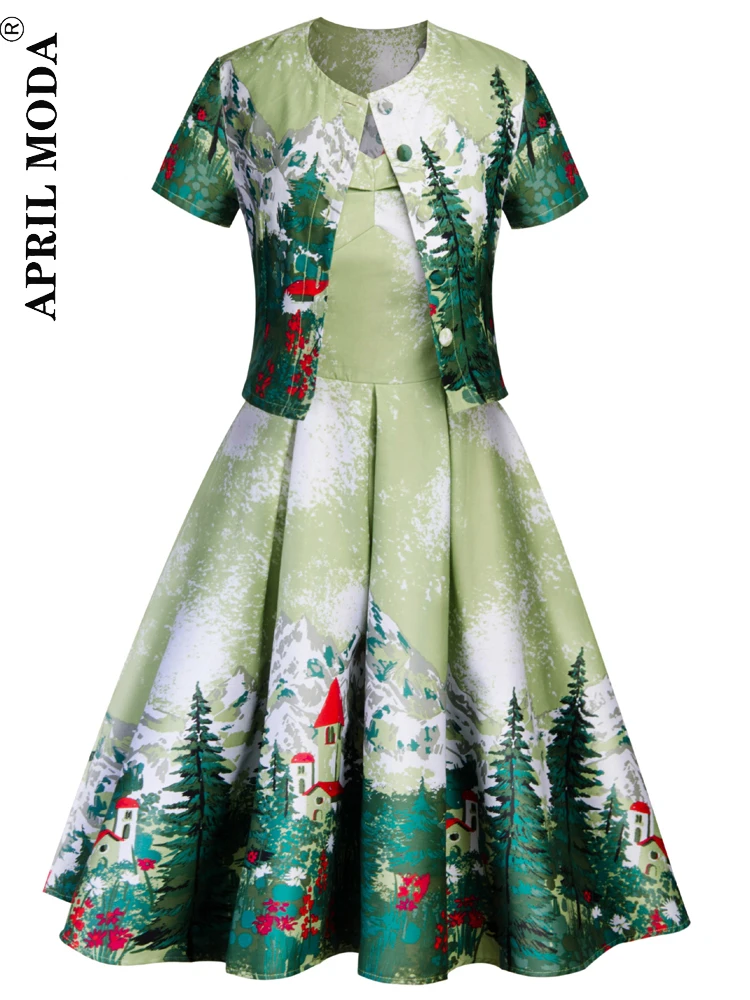 

Elegant 2pcs Vintage Women Casual Jacket Dress Christmas Tree Print Office 50s Retro Pleated Party A-Line Pinup Business Dresses