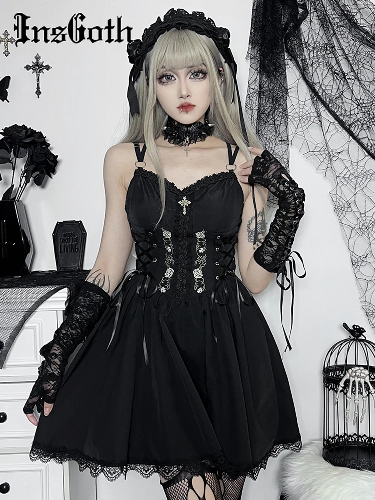 InsGoth Gothic Sexy Black V Neck Lace Up Dress Y2K Aesthetic Grunge Punk High Waist Lace Trim Corset Dresses Ladies Party Dress