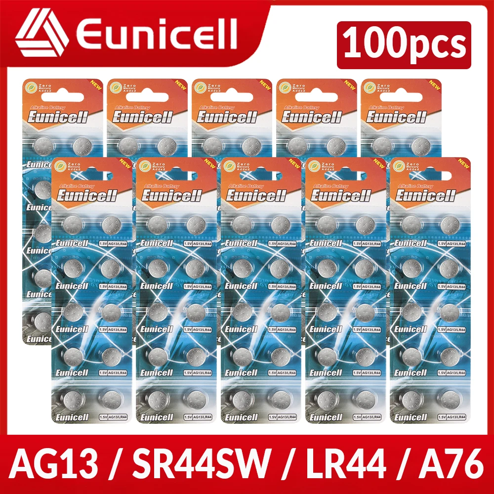 

EUNICELL 100 шт. LR44 AG13 303 A76 357 SR44 Батарея-кнопка SR44SW V13GA для часов, калькуляторов, игрушек, 1,5 В, 155 мАч, батарейки типа «таблетка»