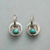 vintage round turquoise earrings womens ethnic antique silver color hand carved pattern pendant earrings jewelry