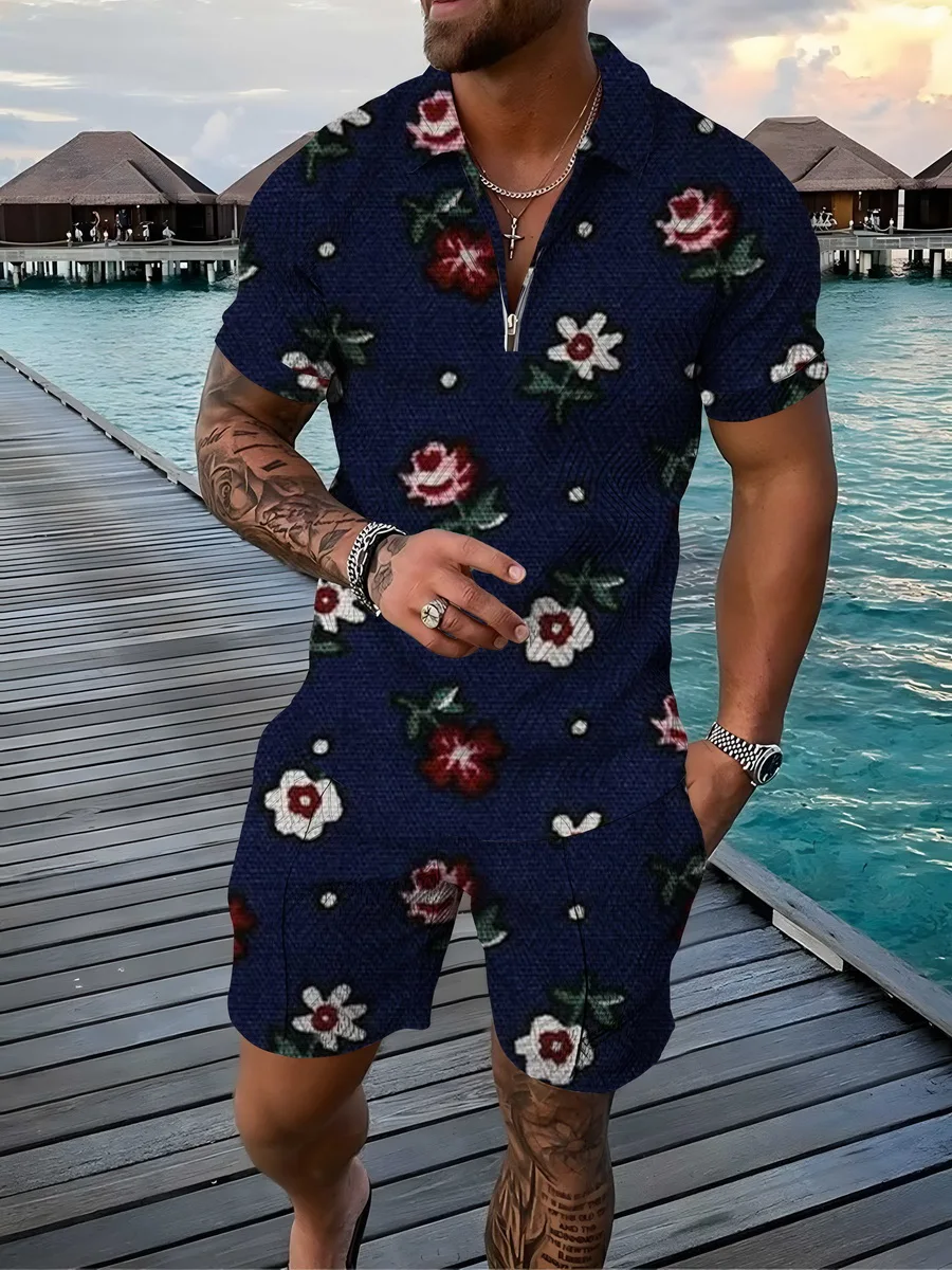 

POLO Shirt Zipper Short-sleeved Collocation Shorts New Floral Street Simple and Comfortable Lapel Shorts Short-sleeved Suit