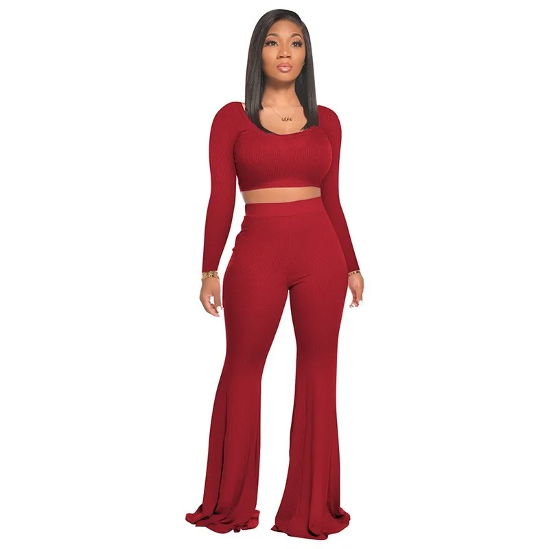 

Fashion 2 Piece Set Women Tracksuit Pullover Square Collar Crop Top Wide Leg Pants Suit Solid Ribbed Outfit Fall Leisure Clothes