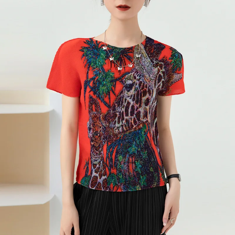 

Miyake Pleated T-Shirts For Women Summer Fashion 2022 New Round Neck Short Sleeves Stretch Slimming Short Printed Tops Female