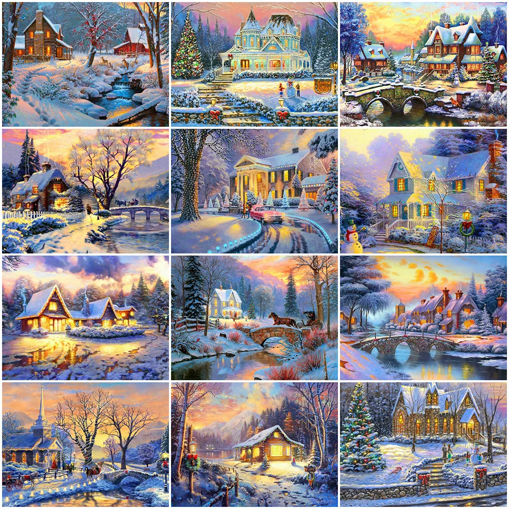 

MAXMPUP Diamond Painting House Winter Cross Stitch Kits Diamond Embroidery Scenery 5D DIY Picture of Rhinestones Home Decor