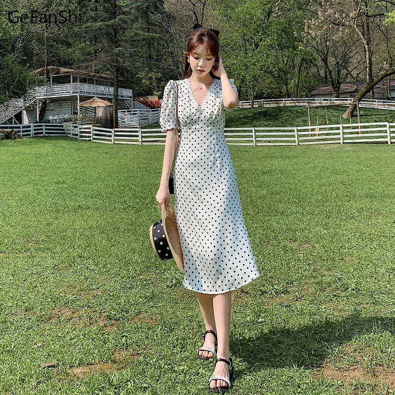 

Женское шифоновое платье в горошек, винтажное кружевное платье-трапеция с V-образным вырезом, офисное платье, шикарная одежда, Новинка лета ...