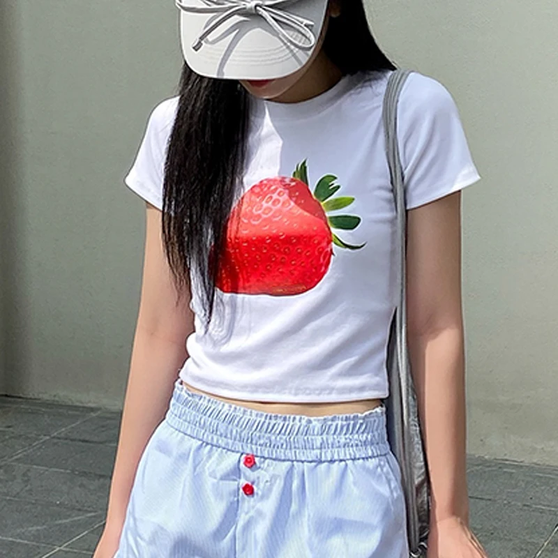 2024 базовый женский укороченный топ с короткими рукавами и милым клубничным