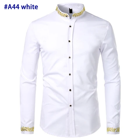 Мужская белая рубашка с золотой вышивкой, брендовая Новая мужская рубашка с воротником-стойкой, Повседневная приталенная рубашка с длинным рукавом, Camisa Masculina