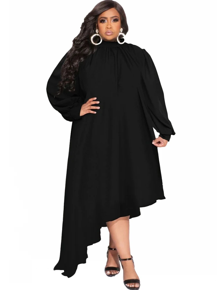 

4XL Plus Size Dresses For Women Stand Collar Full Sleeve Robe Spring Autumn New Solid Irregular Loose Casual Oversize Maxi Dress