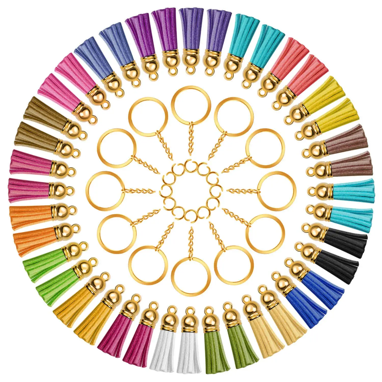 

150 шт. набор брелоков с кисточками 50 шт. кисточки, 50 шт. переходные кольца и 50 шт. брелоки с цепочкой оптом для акриловых пустых брелоков