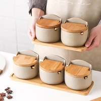 ceramic seasoning jar with wooden lid and spoon salt shaker sugar pepper bottle kitchen organizer canister supplies storage set