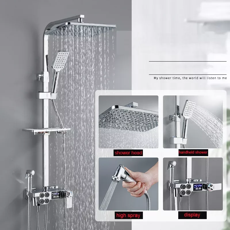 

Chrome Display Thermostatic Shower Faucet Set Rainfall Bathtub Tap With Bathroom Shelf Water Flow Produces Electricity