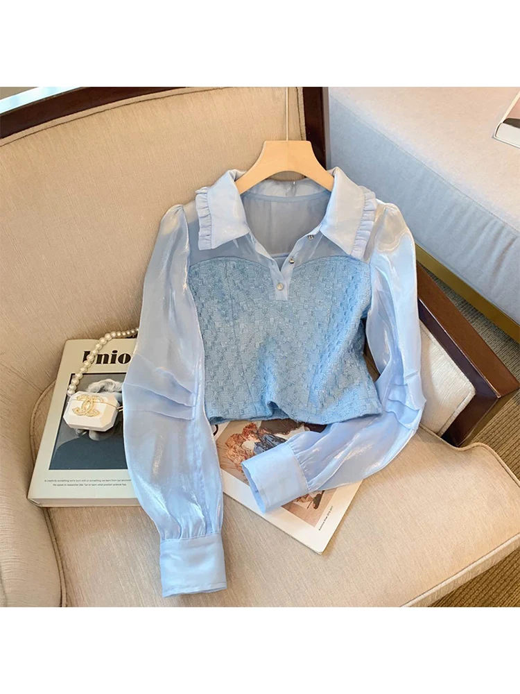 

2022 Autumn New Fashion French Style Chiffon Crop Top Spring Women Long Sleeve Patchwork Blouse Casual Elegant Solid Lapel Shirt